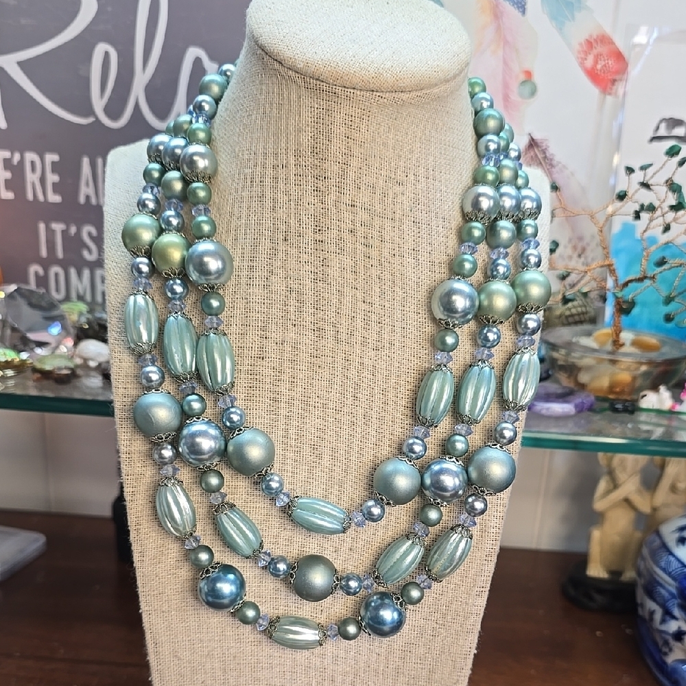 Vintage Multi-Strand Blue Beaded Necklace